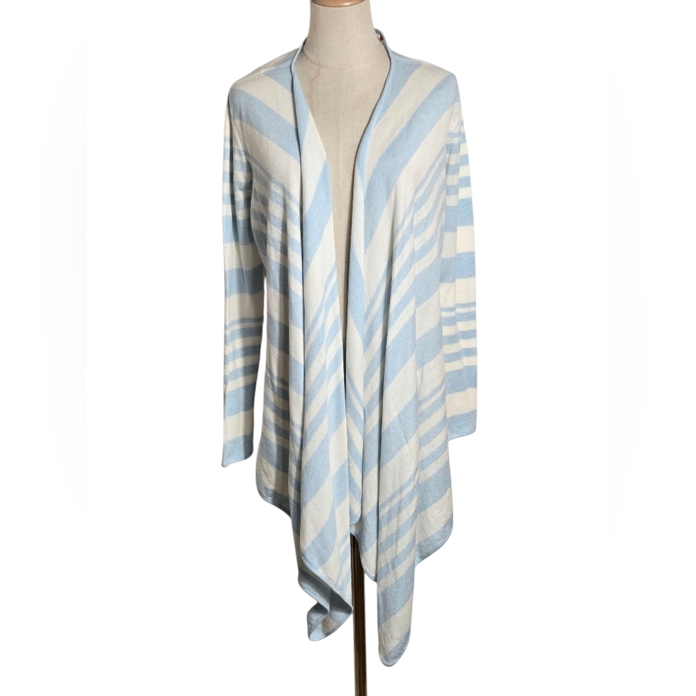 Barbour Harewood Cardigan Open Front Blue White Striped Merino Wool Cotton